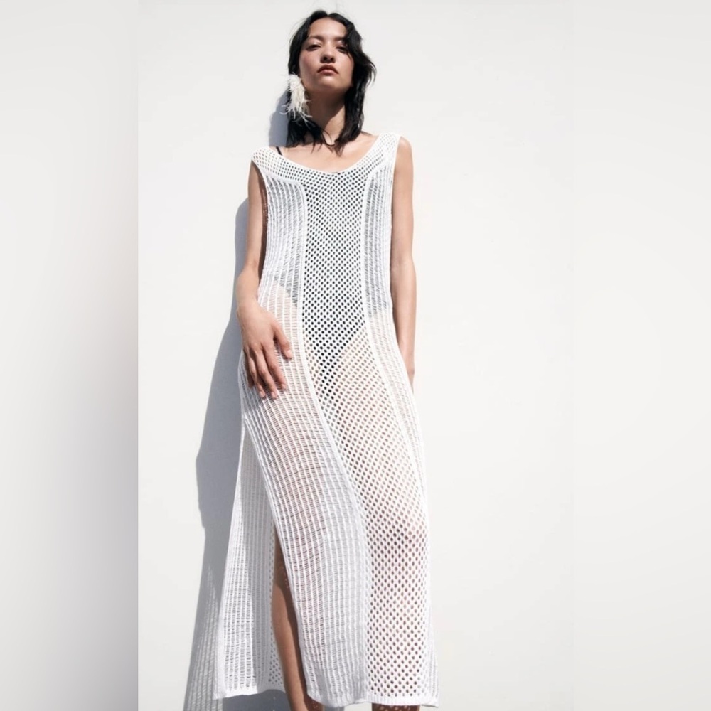 ZARA MESH TUNIC DRESS OYSTER WHITE SZ L